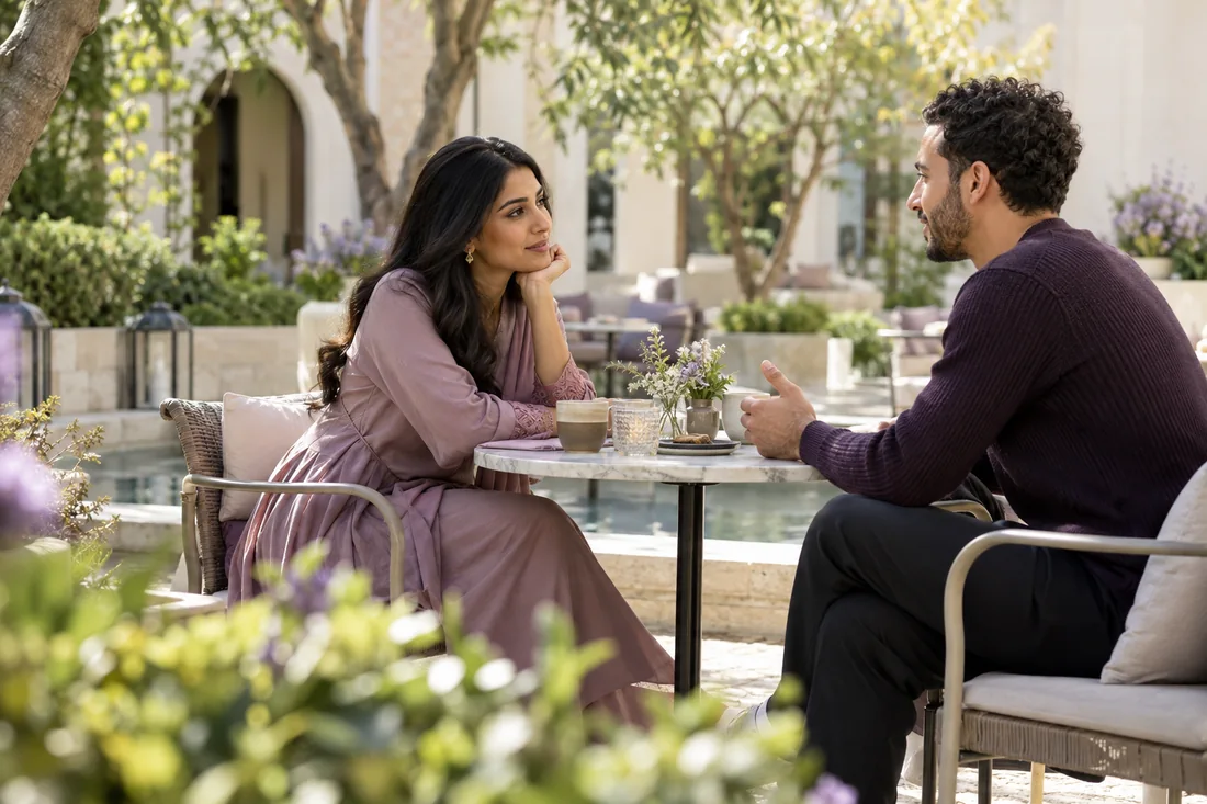 An illustrative scene of two adults having a thoughtful conversation in a quiet courtyard.